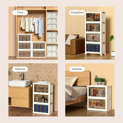Front-Door Stackable Storage Bin Cabinets with Wheels in One-, Two- or Three-Pack Options for Home Use