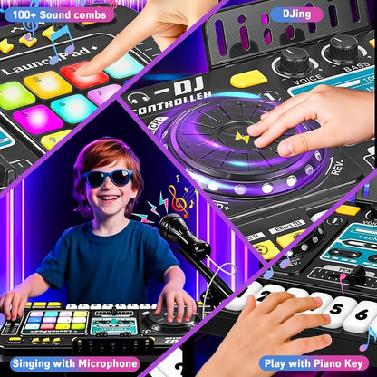 Kids DJ Mixer Toy Set with LED Lights, Microphone & Piano Keys, 100+ Sound Effects, Disco Mode, Rechargeable