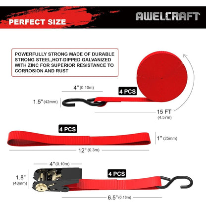 Ratchet Tie Down Straps 4-Pack 15FT 1, 500 lb Break Strength Heavy Duty with Soft Loops & Storage Bag – High-Visibility Webbing