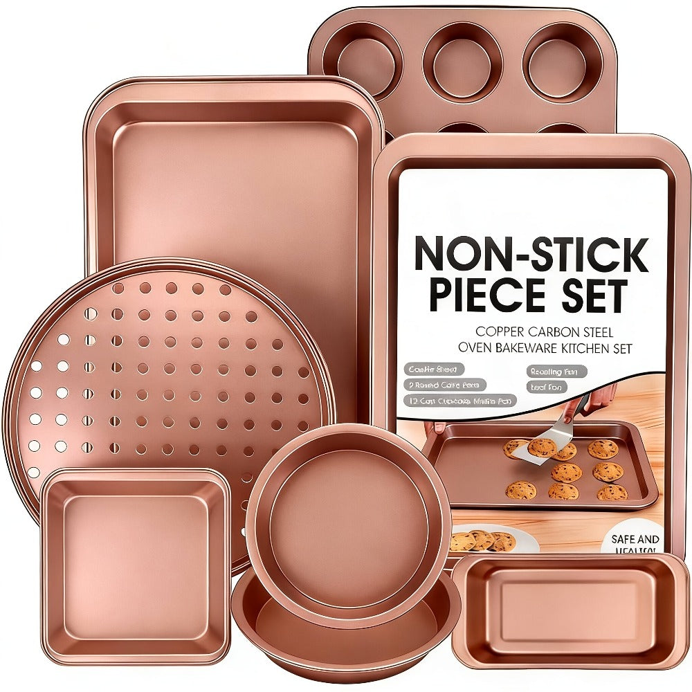 Nonstick Bakeware Pan Set, 8-Piece Carbon Steel Oven Baking Set with Cookie Sheet, 2 Round Cake Pans