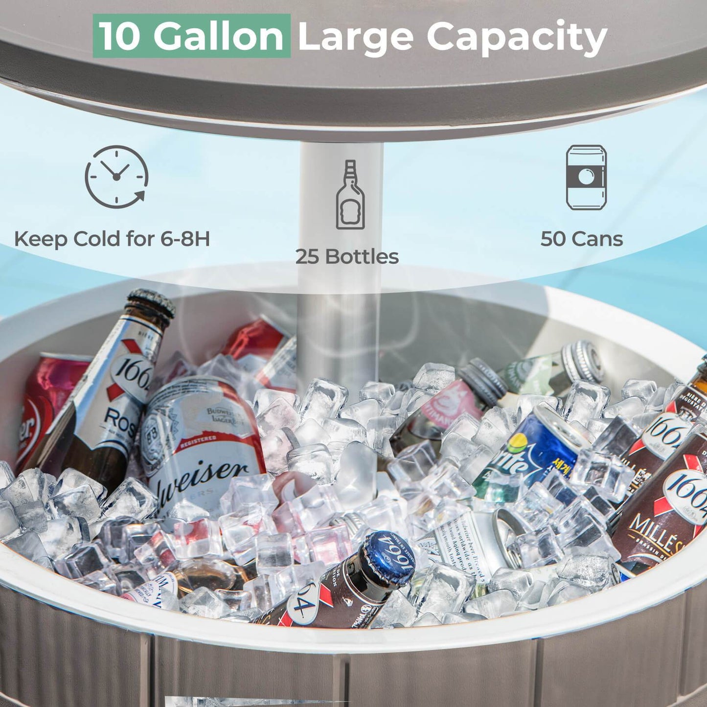 Outdoor Cooler Bar Table 3-in-1, 10 Gal Ice Bucket, Coffee Table & Serving Station, All-Weather PP