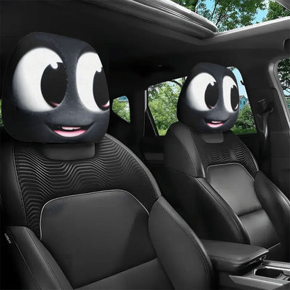 Car Seat Covers 2-Piece Black-and-White Cartoon Face Print for Front Seats with Slip-On Design