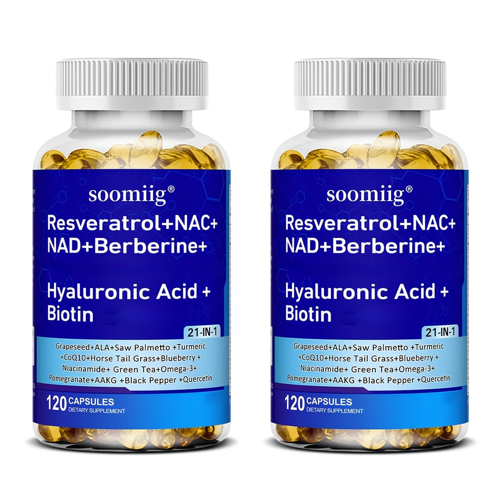 Resveratrol & NAC Supplement 120 Capsules with NAD, Collagen Peptides, Hyaluronic Acid, CoQ10, Quercetin & Omega-3