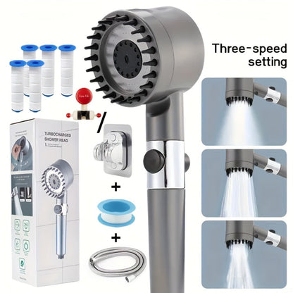 Handheld Shower Head with Rotating Spray Selector, On-Off Button, Hose, Five Cartridges and Two Bracket Options