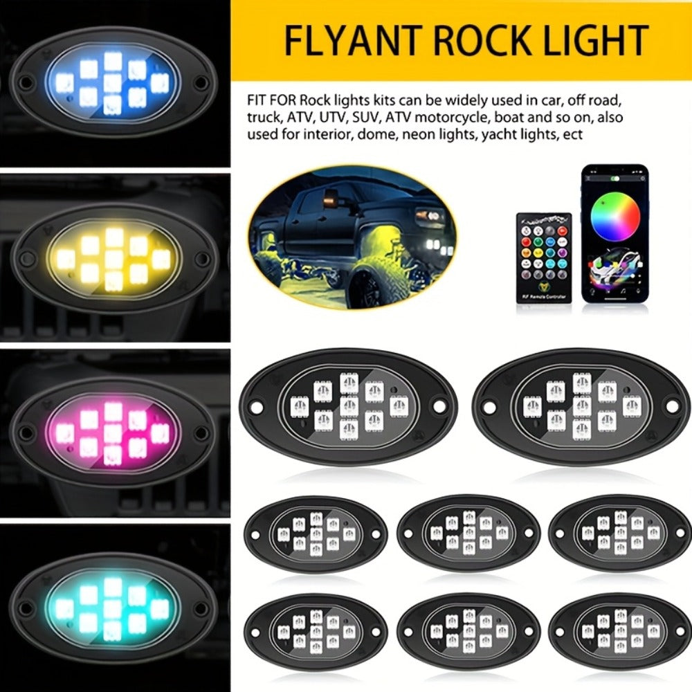 RGB Rock Lights Kit for Trucks & Cars, Sound-Activated LED Underbody Lights with APP & Remote Dual Control