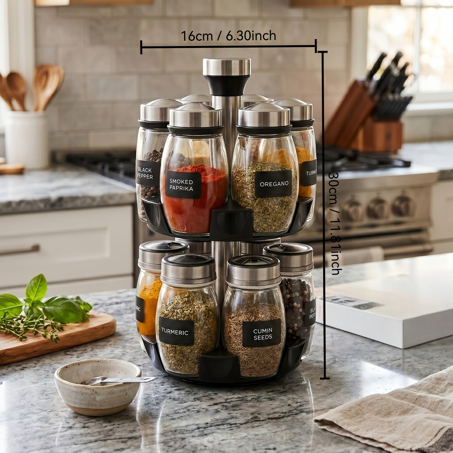 Glass Spice Jar Set with Rotating Rack, Airtight Kitchen Spice Organizer with 360° Stainless Steel Stand
