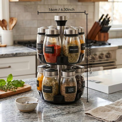 Glass Spice Jar Set with Rotating Rack, Airtight Kitchen Spice Organizer with 360° Stainless Steel Stand