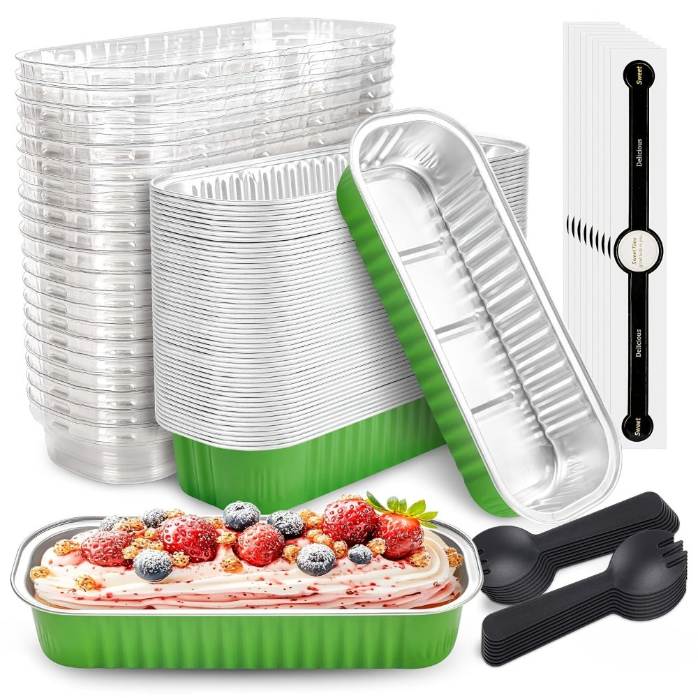 Mini Cake Pans 100 Pack with Lids and Spoons Aluminum Foil Rectangular Disposable Baking Pans for Entryways, Bedrooms and Living Spaces