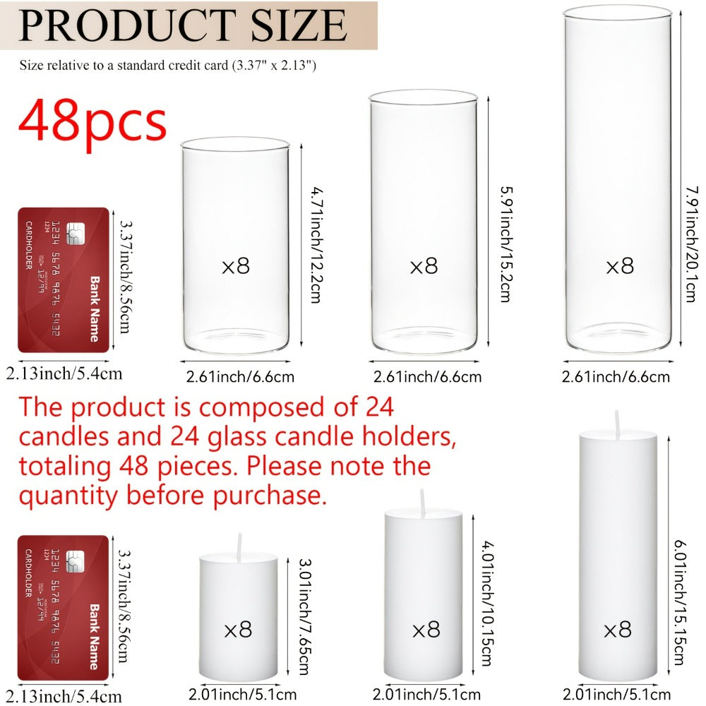 Pillar Candles with Clear Glass Hurricane Holders, Unscented White Cylinder Candles & Vases for Wedding Centerpieces