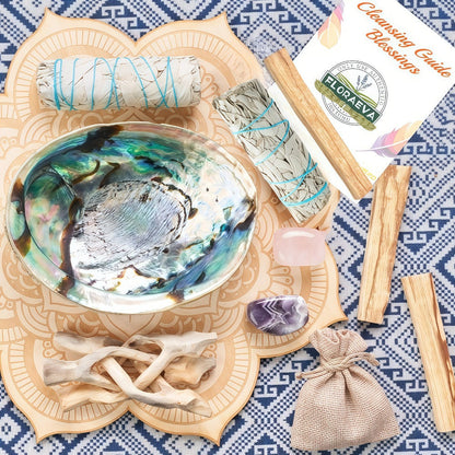 White Sage Cleansing Kit Smudge Set with Abalone Shell Holy Wood Incense Feathers Crystal for Entryways, Bedrooms and Living Spaces