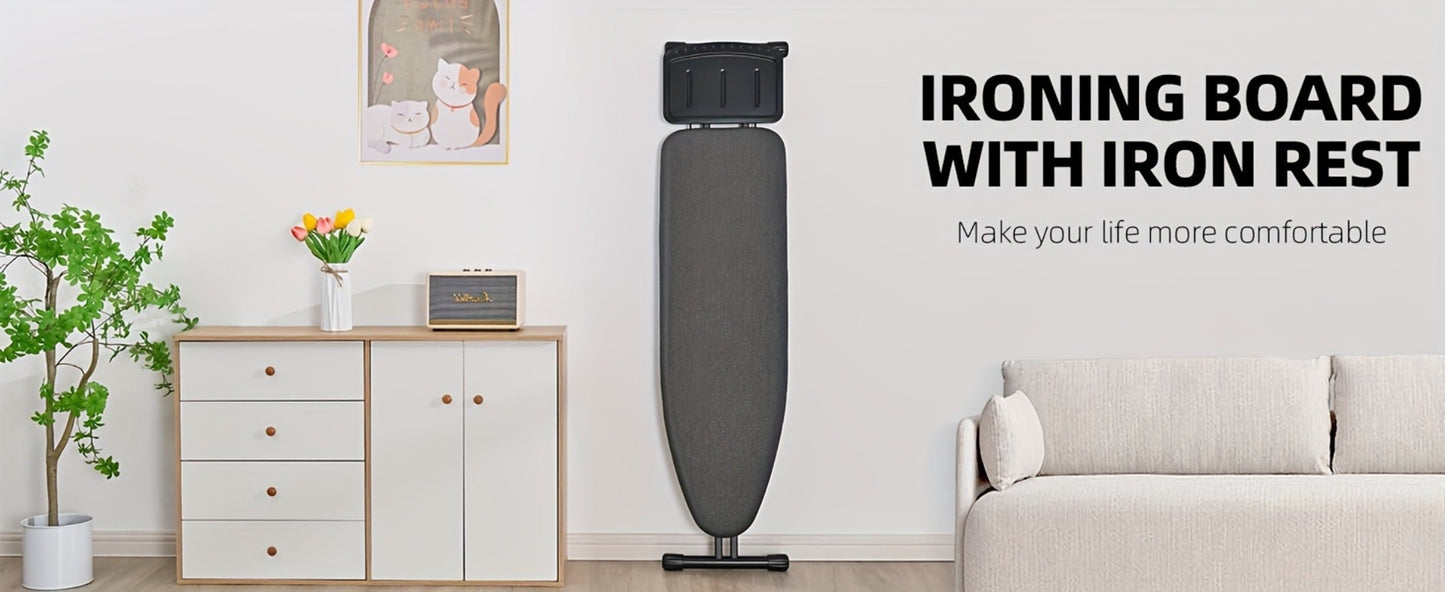 Freestanding Black Ironing Board with Multi-Height X-Leg Frame and Extended Iron-Rest Platform