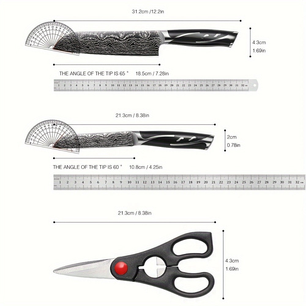 Kitchen Knife Set 7-Piece Damascus-Pattern Stainless Steel with Four Knives, Shears, Honing Rod and Rotating Block
