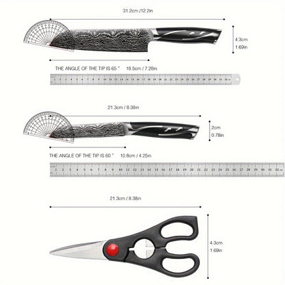 Kitchen Knife Set 7-Piece Damascus-Pattern Stainless Steel with Four Knives, Shears, Honing Rod and Rotating Block