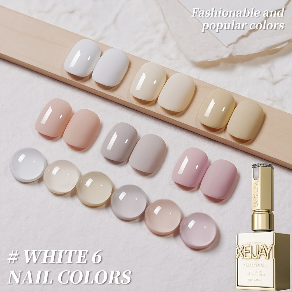 Gel Nail Polish 6-Color Gentle White Set with Milk-Tea, Cherry-Blossom Pink and Soft Shades for UV/LED Soak-Off Cure