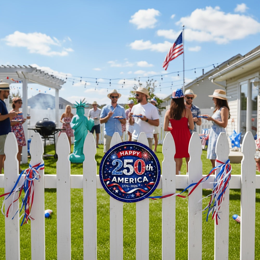 Patriotic Wooden Door Sign 250th Anniversary 1776-2026 Retro Round Wreath 4th of July Independence Day Hanging Decoration Home Porch Outdoor