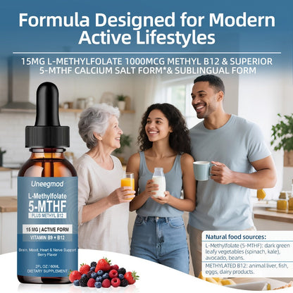 L-Methylfolate 15mg Liquid Drops 2fl oz with Methylated B12, Active 5-MTHF for Brain, Heart & Nervous System Health