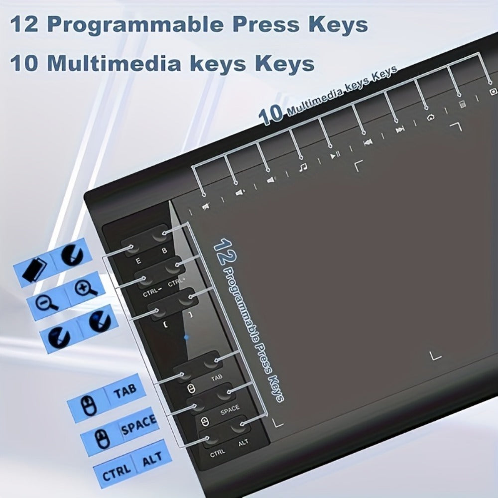 Graphics Drawing Tablet 10x6 Inch, 8192 Levels Pressure Sensitivity Battery-Free Stylus, 12 Programmable Shortcut Keys