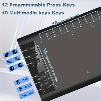 Graphics Drawing Tablet 10x6 Inch, 8192 Levels Pressure Sensitivity Battery-Free Stylus, 12 Programmable Shortcut Keys
