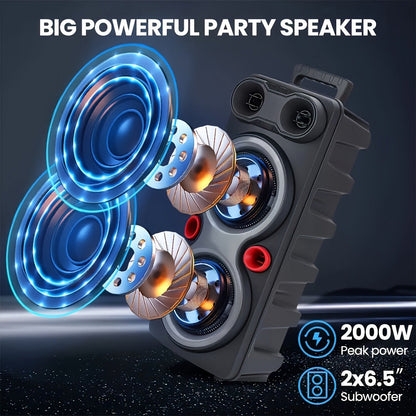Dual 8.5" Subwoofer Party Speaker 6000W with RGB Lights | Portable Wireless Bluetooth 5.0, TWS Stereo Pairing, FM Radio, Built-in Mic
