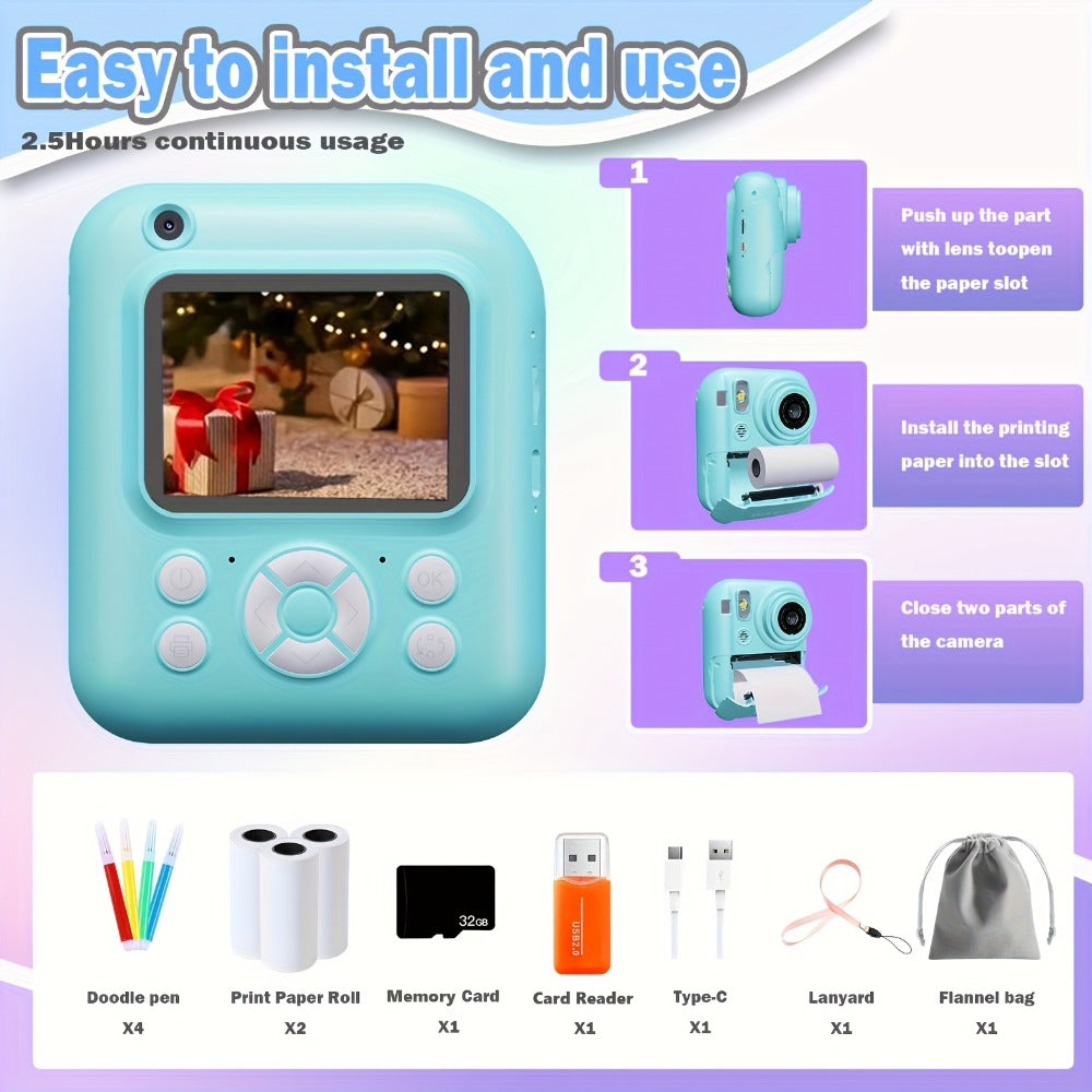 Kids Instant Print Camera 3-in-1 with MP3 & Games, 10x Zoom, 2.4" HD Screen, 32GB Card, Prints Photos in 1 Second