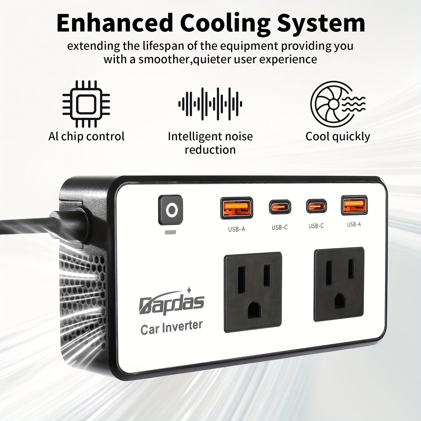 Car Inverter 200W DC 12V to AC 110V with Dual AC Outlets 24W USB-C Fast Charging 4 USB Ports Portable for Garden, Patio and Yard Use