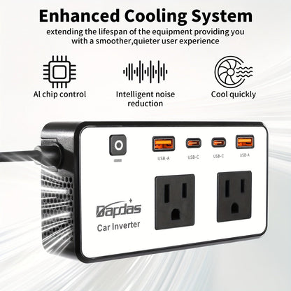 Car Inverter 200W DC 12V to AC 110V with Dual AC Outlets 24W USB-C Fast Charging 4 USB Ports Portable for Garden, Patio and Yard Use