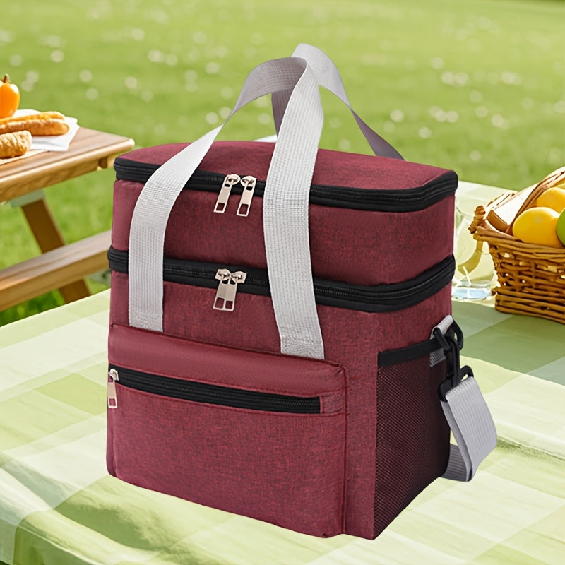 Double-Layer Lunch Bag Tote with Upper and Lower Compartments, Shoulder Strap and Four Colors