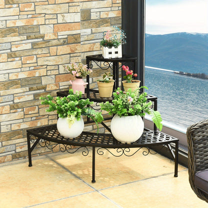 Three-Tier Black Metal Corner Plant Stand with Fan-Shaped Shelves, Scrollwork and Non-Slip Feet