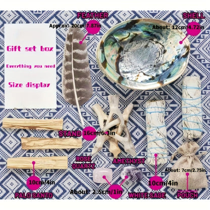 White Sage Smudge Kit 11pcs, 2 White Sage Bundles, 3 Palo Santo Sticks, Abalone Shell with Stand