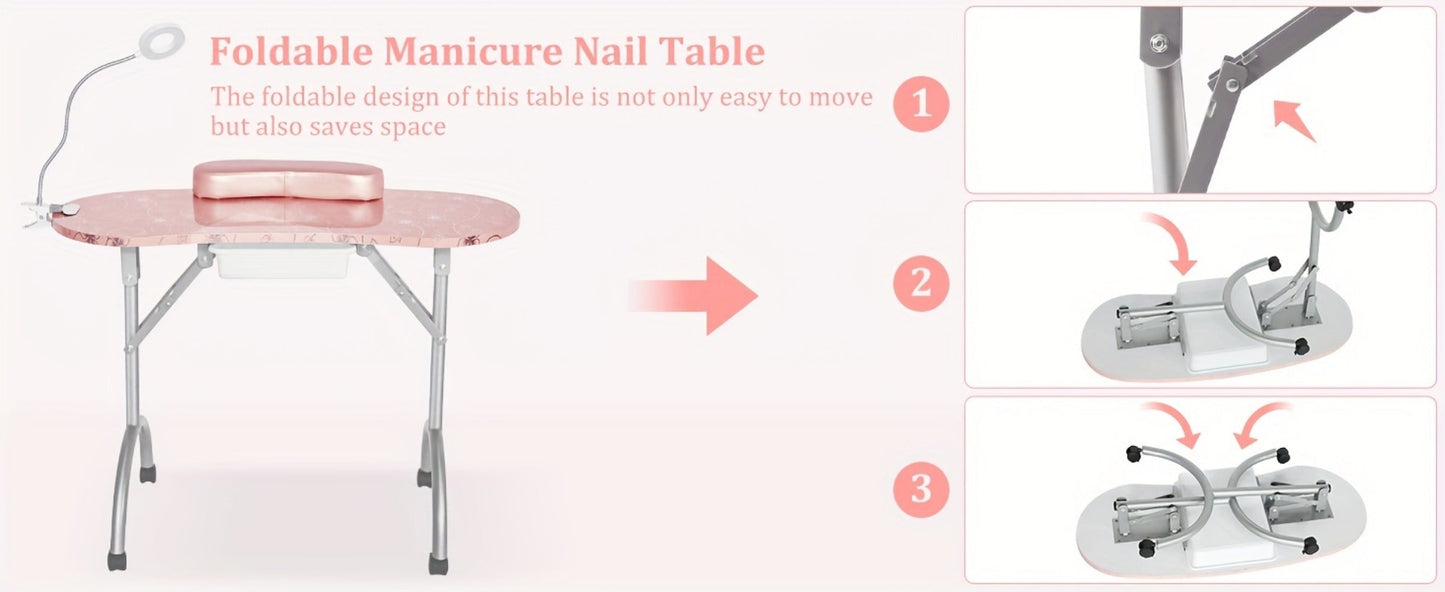 Foldable Nail Table with LED Lamp Drawer Lockable Wheels Wrist Cushion & Carrying Bag, Portable Manicure