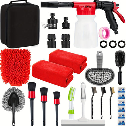 26/42-Piece Complete Car Wash & Detailing Kit – Foam Spray Gun, Portable Vacuum, Windshield Cleaner, Tire Brush