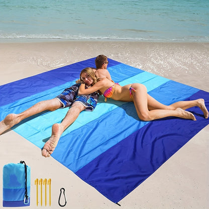 Blue Nylon Beach Mat with Four Stakes, Carabiner and Carry Pouch, 82 x 79in in Two Checkout Labels
