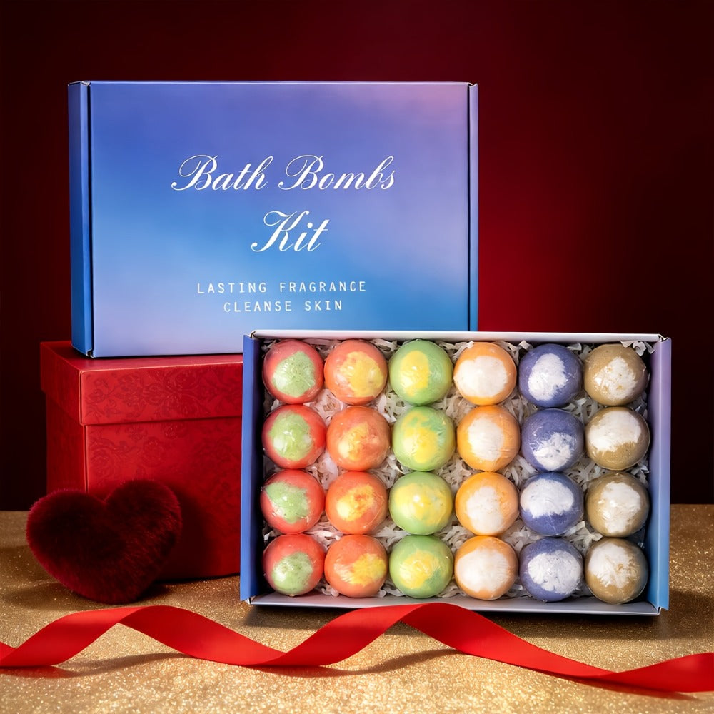 Bath Bombs, 24-Piece Essential Oil Gift Set with 20g Round Fizzers, Assorted Colors and Fragrance Styles