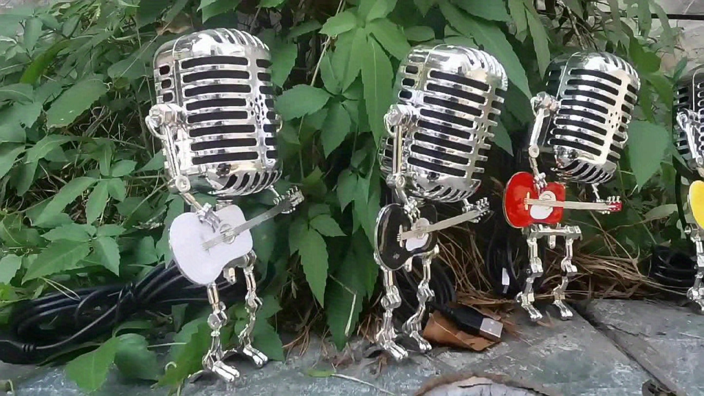 Vintage Microphone Robot Guitar Lamp USB Powered, Retro Decorative Night Light for Music Lovers, Guitar Players
