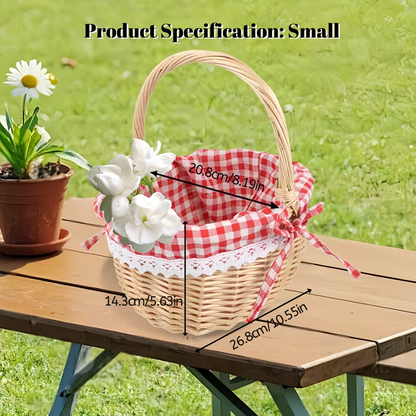 Large Wicker Picnic Basket with Split Lid, Central Carry Handle and Red Checkered Textile Lining