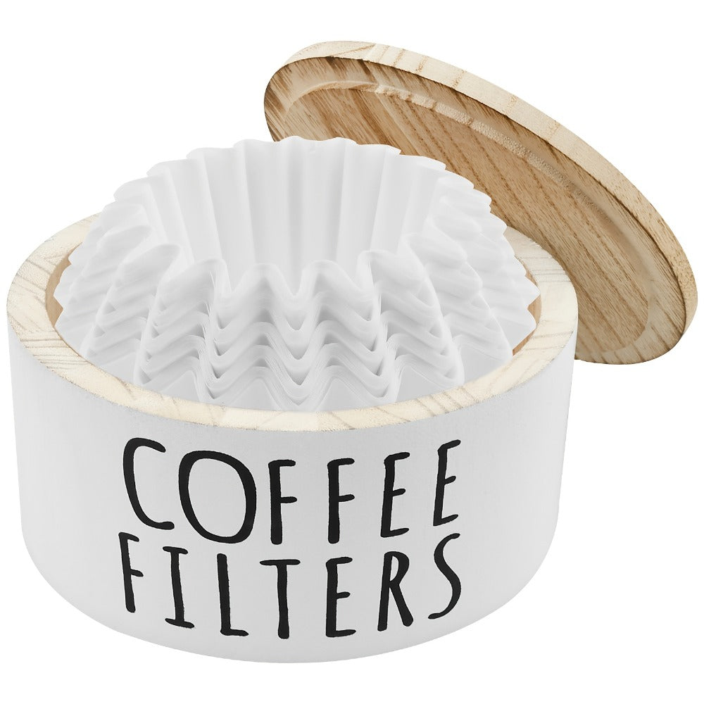 Wooden Coffee Filter Holder with Lid – Large Capacity Rustic Round Organizer Dispenser for Coffee Filters & Tea Bags, Bamboo Lid