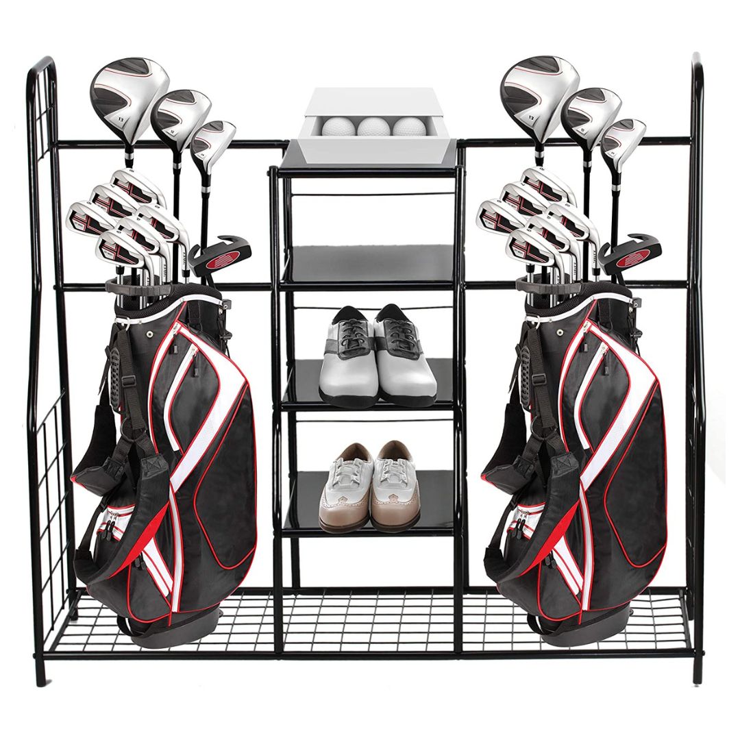 Golf Bag Storage Rack Organizer Steel Dual Bag Holder with 4 Shelves for Clubs Balls Shoes Accessories Garage Basement Home Golf Equipment