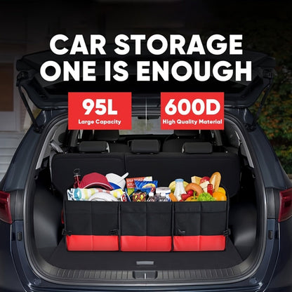 Car Trunk Organizer, 95L Foldable 4-Compartment Bin with Two Retractable Straps and Divider Set