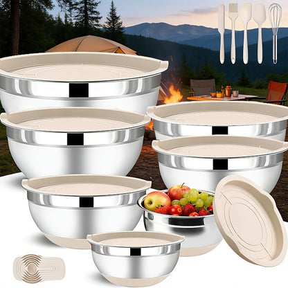Stainless Steel Mixing Bowls Set with Airtight Lids 7 Piece, Stackable Nesting Bowls with Measuring Spoons Whisk Spatula Tongs Basting