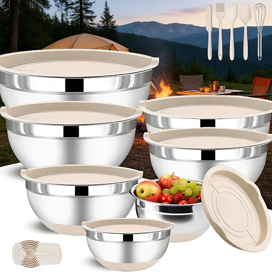 Stainless Steel Mixing Bowls Set with Airtight Lids 7 Piece, Stackable Nesting Bowls with Measuring Spoons Whisk Spatula Tongs Basting