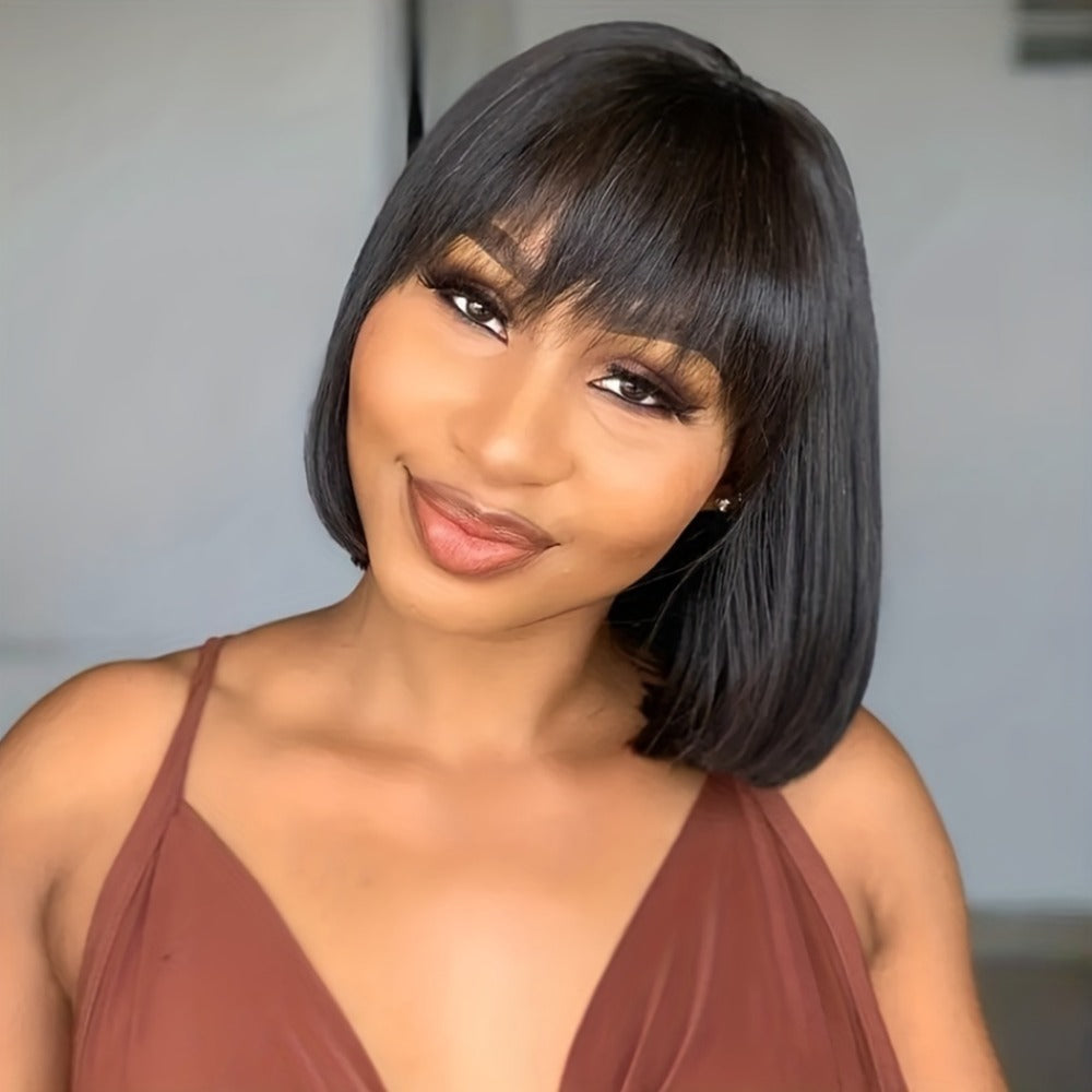 Straight Bob Human Hair Wig with Full Machine-Made Cap, Black Finish and Bangs, 8–16 Inch Options
