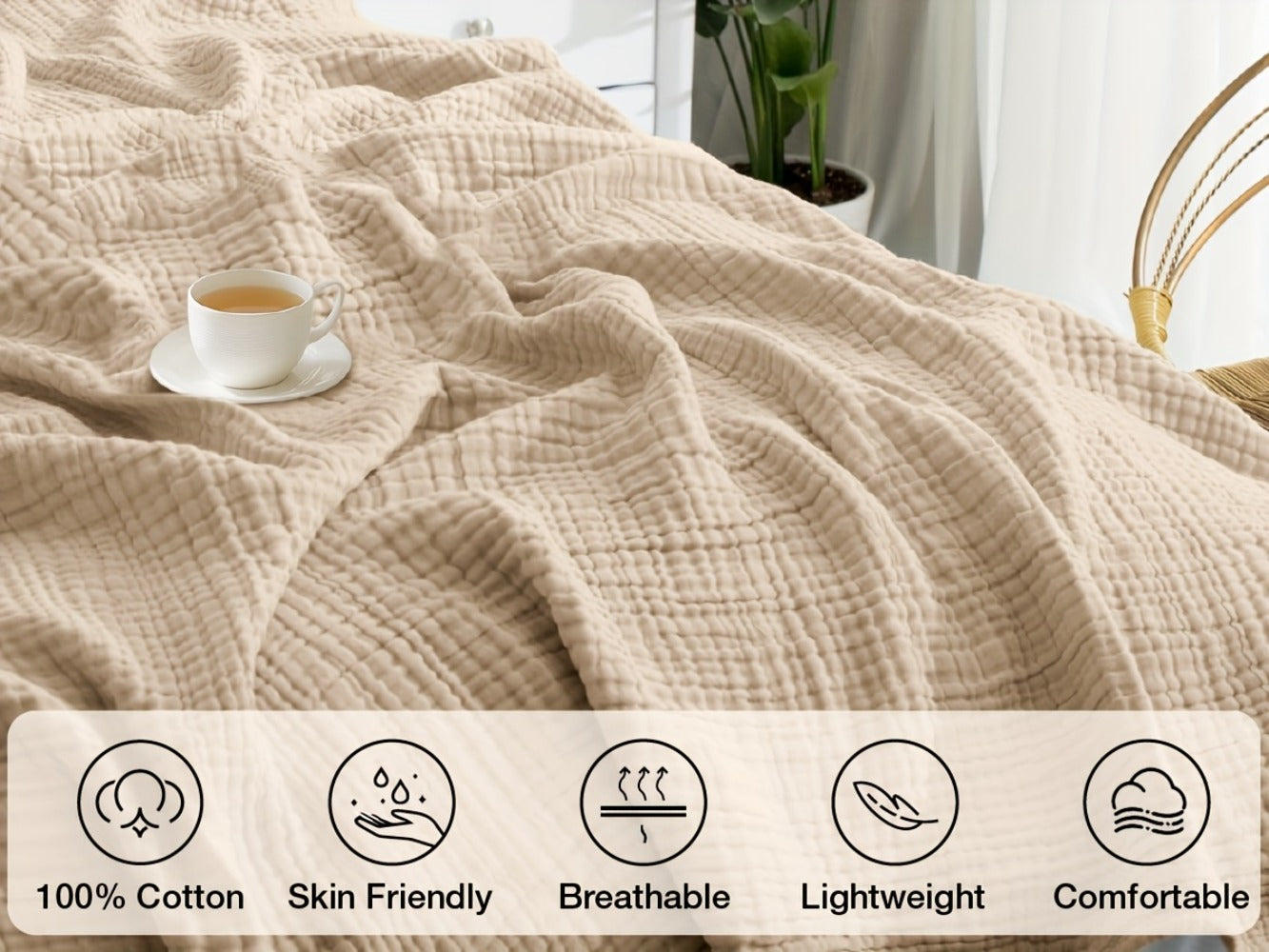 Muslin Blanket 100% Cotton 6-Layer, Breathable Gauze Throw for Couch & Bed, All Season, 13 Colors