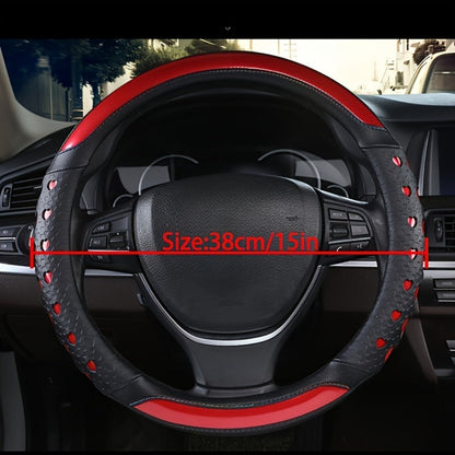 Steering Wheel Cover Faux Leather Heart Pattern – Non-Slip Wear-Resistant Anti-Aging All-Season Car Interior Accessory, Sports Style