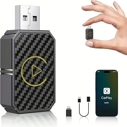 Mini Wired-to-Wireless CarPlay Adapter with USB-A Plug and USB-C Adapter in USB Set Pictured