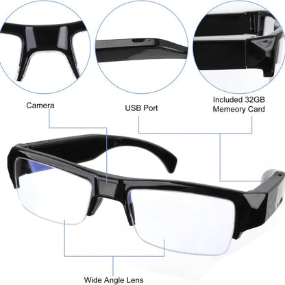 Slim Clear-Lens Camera Glasses in Black with Front Camera and 32GB or 64GB Memory Card Bundles