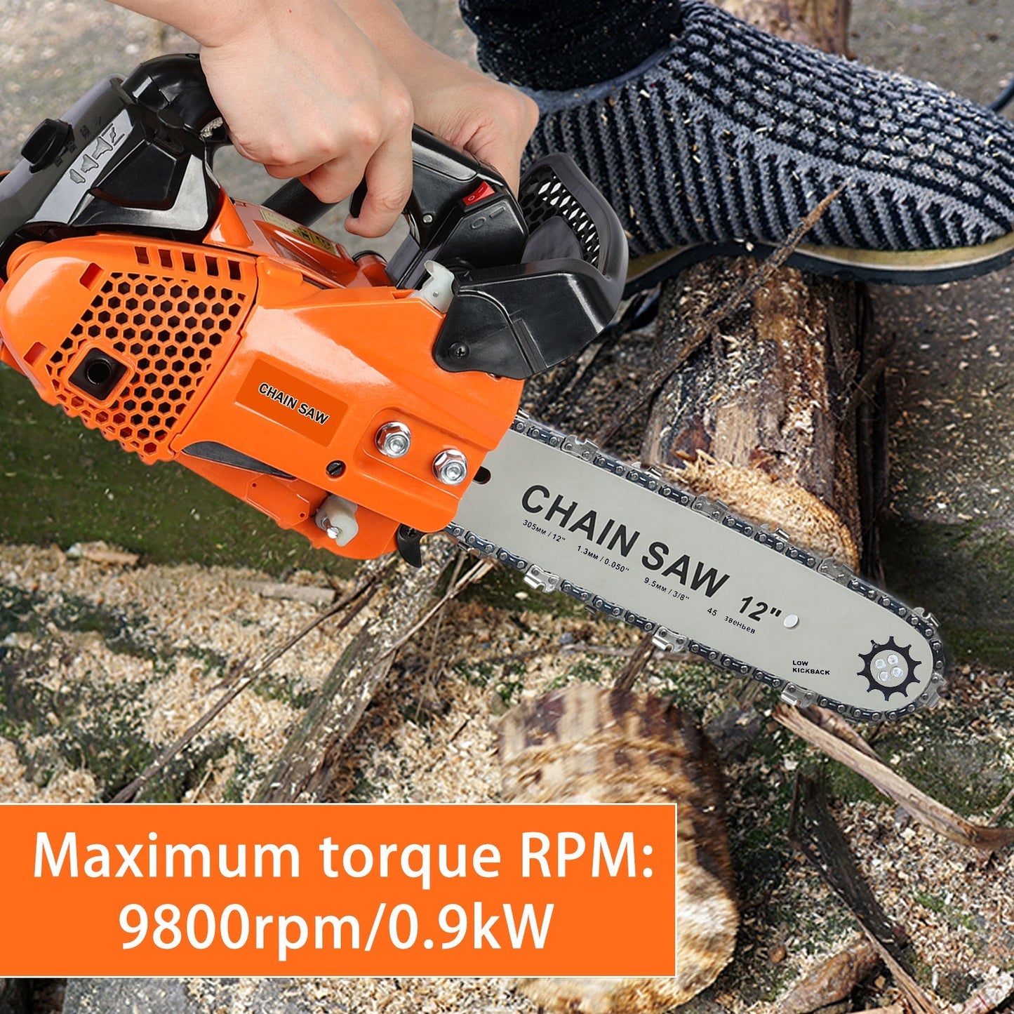 Compact 25.4CC Gas Chainsaw with 12-Inch Guide Bar and Orange Two-Stroke Engine Housing Design