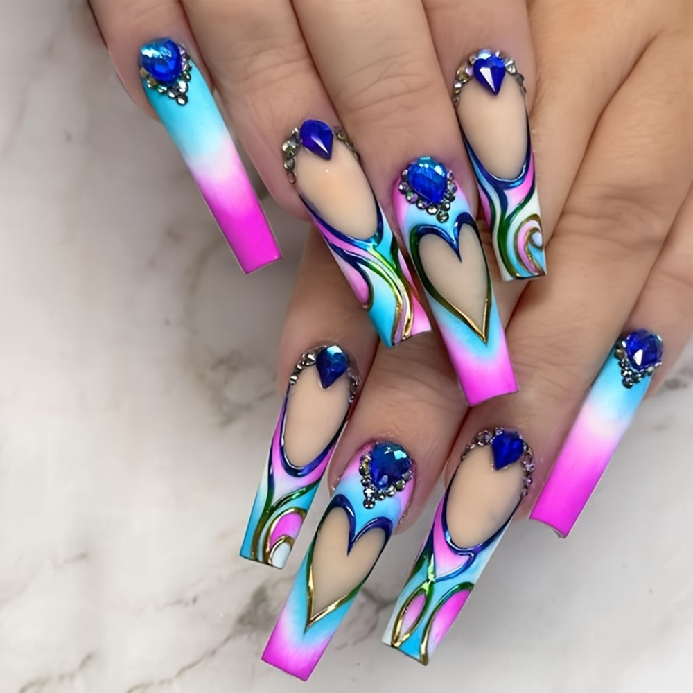 Press On Nails 120-Piece Extra-Long Five-Box Cosmic Eye Rhinestone Matte Floral Stripe Set with Glue