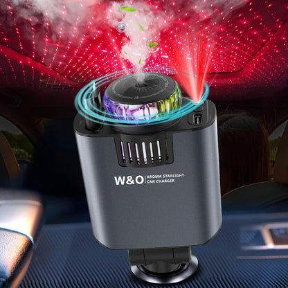 Car Charger with 80 cm Retractable Cable, Aroma Diffuser and Red Star Projector in a Black Plug-In Design
