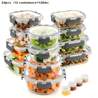 Food Storage Containers 24-Piece Gray Glass Set with 12 Boxes, 12 Matching Lids and Flip-Top Seals