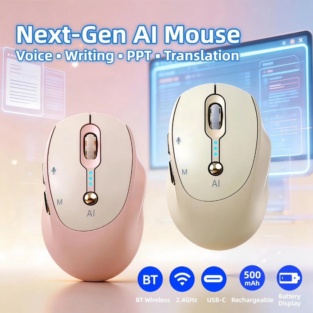 AI Smart Wireless Mouse with Voice-to-Text Real-Time Translation AI Writing PPT Creation Silent BT+2.4G Dual Mode Rechargeable Battery